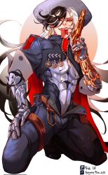 1boy belt black_hair black_pants black_shirt boothill_(honkai:_star_rail) brown_belt crop_top earrings gun half-closed_eyes handgun highres holding holding_gun holding_weapon honkai:_star_rail honkai_(series) jewelry lillin20092000 long_hair mechanical_arms medal pants revolver sharp_teeth shirt sleeves_rolled_up teeth tongue tongue_out weapon white_hair zipper_pull_tab
