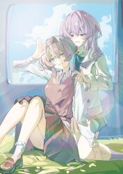 2girls absurdres blush cloud cloudy_sky coat collared_shirt firefly_(honkai:_star_rail) green_pupils grey_hair hair_ornament hair_ribbon hairband hand_on_another&#039;s_shoulder highres honkai:_star_rail honkai_(series) hua_(yijing) long_sleeves multiple_girls open_mouth ribbon shirt sitting skirt sky smile stelle_(honkai:_star_rail) sweater_vest trailblazer_(honkai:_star_rail) white_shirt white_sleeves