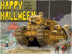 Rule 34 | 2024, 6+boys, antennae, bat (animal), cannon, caterpillar tracks, english text, ghost, halloween, halloween costume, happy halloween, hat, highres, military vehicle, multiple boys, night, original, tank turret, vehicle focus, witch hat, yabarn