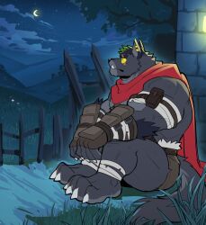 1boy animal_ears another_eidos-r bara barefoot brown_shorts cape claws closed_mouth colored_sclera colored_tips crescent_moon derivative_work dickert_(another_eidos) earrings fang fang_out furry furry_male grass highres jewelry looking_up male_focus meme mixed-language_commentary moon multicolored_hair muscular muscular_male night night_sky on_ground red_cape scar scar_across_eye scar_on_face shorts sitting sitting_wolf_(meme) sky sollyz star_(sky) tail topless_male wolf_boy wolf_ears wolf_tail yellow_sclera