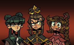 3girls avatar:_the_last_airbender avatar_legends azula black_background black_hair boiledlemon brown_hair closed_mouth dress gradient_background highres looking_at_another looking_at_viewer looking_to_the_side mai_(avatar) meme multiple_girls red_background red_dress three-headed_dragon_(meme) tongue tongue_out ty_lee yellow_eyes