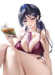 1girl absurdres alternate_hairstyle black_hair blue_eyes blue_hair book bra breasts can can_between_breasts colored_inner_hair commentary crossed_legs drinking_straw drinking_straw_in_mouth hair_intakes hair_ornament hairclip hand_up hashtag-only_commentary highleg highleg_panties highres holding holding_book hololive hololive_english initial_d lace lace-trimmed_bra lace_trim large_breasts lingerie long_hair looking_at_viewer lyusiola manga_(object) monster_energy multi-strapped_panties multicolored_hair ouro_kronii panties purple_bra purple_panties simple_background solo triangle_hair_ornament underwear underwear_only virtual_youtuber white_background