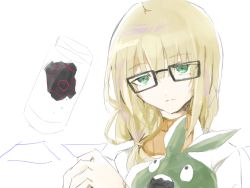 1girl blonde_hair creatures_(company) game_freak gen_5_pokemon glasses green_eyes highres lab_coat nintendo oleana_(pokemon) pokemon pokemon:_twilight_wings pokemon_(creature) pokemon_swsh trubbish white_background