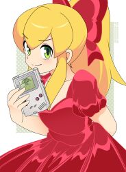 1girl absurdres blonde_hair blush breasts collarbone copyright_name cowboy_shot dress game_boy green_eyes hair_ribbon handheld_game_console high_ponytail highres holding long_hair looking_at_viewer medium_breasts mega_man_(classic) mega_man_(series) mega_man_v nico-neko polka_dot ponytail red_dress red_ribbon ribbon roll_(mega_man) solo