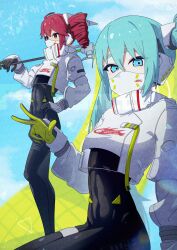 2girls absurdres black_bodysuit black_gloves blue_hair blue_sky bodysuit cloud cosplay cropped_jacket fin_gocco from_side gloves green_gloves hair_between_eyes hashtag-only_commentary hatsune_miku hatsune_miku_(cosplay) highres holding holding_megaphone jacket kasane_teto looking_at_viewer mask megaphone mouth_mask multiple_girls racing_miku racing_miku_(2022) sitting sky standing two-tone_gloves utau vocaloid white_jacket