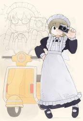 1girl apron ayumu_niikura blush brown_eyes brown_hair camera city_(arawi_keiichi) holding holding_camera maid maid_apron motor_vehicle motorcycle non-web_source pepponeppo surprised