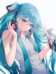 1girl absurdres aqua_eyes aqua_hair aqua_nails aqua_necktie armpit_crease bare_shoulders blush breasts collarbone grey_shirt hair_between_eyes hair_ornament harutoto hatsune_miku headphones highres long_hair looking_at_viewer medium_breasts necktie open_mouth shirt simple_background sleeveless sleeveless_shirt solo unworn_hair_ornament unworn_headphones unworn_necktie upper_body very_long_hair vocaloid white_background