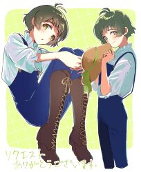Rule 34 | 1boy, absurdres, akizuki ryo, antenna hair, blue overalls, blush, boots, border, brown boots, closed mouth, commentary request, cropped legs, full body, green hair, hat, highres, holding, holding unworn clothes, holding unworn hat, idolmaster, idolmaster dearly stars, knees up, lace-up boots, looking at viewer, male focus, miyaimas002, multiple views, outline, outside border, overalls, parted lips, shirt, short hair, smile, standing, translation request, unworn hat, unworn headwear, white border, white outline, white shirt, yellow eyes