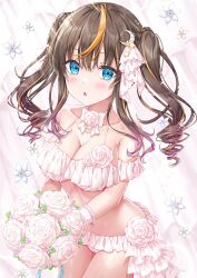 1girl bikini blue_eyes blush bouquet breasts bridal_bikini bridal_gauntlets brown_hair cleavage collarbone commentary_request crescent crescent_hair_ornament drill_hair flower hair_between_eyes hair_ornament highres holding holding_bouquet kyariko large_breasts long_hair looking_at_viewer multicolored_hair navel open_mouth orange_hair original pink_background pink_bikini pink_flower pink_rose rose sidelocks standing swimsuit twin_drills two-tone_hair