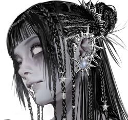 1girl black_eyes black_hair braid crown_braid ear_piercing earrings expressionless hair_bun hair_ornament headshot highres jewelry lip_piercing long_hair looking_to_the_side makeup multiple_piercings original pale_skin piercing runny_makeup shiho_m429 side_braid simple_background solo spiked_hair_ornament star_(symbol) white_background