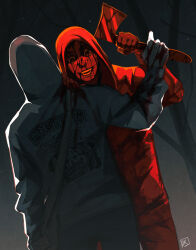 2boys arm_up axe bag bare_tree blood blood_from_forehead blood_on_arm blood_on_clothes blood_on_face bloody_weapon crazy_grin cry_of_fear darkriallet gradient_background grey_hoodie haze highres holding holding_axe hood hood_up hoodie imminent_attack looking_at_another male_focus multiple_boys no_pupils partially_shaded_face print_hoodie red_hoodie shoulder_bag simon_henriksson simon_henriksson_(book) sky standing star_(sky) starry_sky sunset tree upper_body weapon
