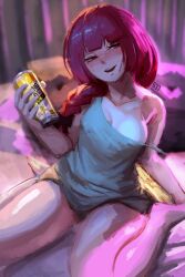 1girl absurdres bare_shoulders blunt_bangs blush bocchi_the_rock! bow braid breasts covered_erect_nipples dress drunk dudeunderscore green_dress hair_bow hair_over_shoulder highres hiroi_kikuri indoors long_hair medium_breasts open_mouth purple_eyes purple_hair shiny_skin single_braid sitting smile solo strap_slip strong_zero teeth wariza
