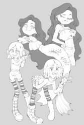 2girls blush breast_curtain chelsea_van_der_zee choker earrings fins greyscale hands_on_own_hips head_fins highres hoop_earrings jewelry long_hair looking_at_viewer mermaid monochrome monster_girl multiple_girls navel open_mouth pantyhose ruby_gillman ruby_gillman:_teenage_kraken short_hair simon_7617118 simple_background smile striped_clothes striped_pantyhose suction_cups swimsuit