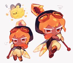 Rule 34 | &gt; &lt;, 1boy, :&lt;, :3, amber sugar cookie, bare shoulders, beanie, bee, bee boy, bee wings, black hat, black hoodie, blush, boots, bug, closed mouth, commentary request, cookie run, cookie run: ovenbreak, dark-skinned male, dark skin, double-parted bangs, full body, gloves, goggles, goggles on head, grey background, hair between eyes, hand on own hip, hat, holding, honey dipper, hood, hood down, hoodie, humble bumble, insect, insect wings, knee boots, looking at viewer, makoto (konbumi), male focus, multiple views, orange boots, orange goggles, orange hair, orange hood, pants, puffy pants, red eyes, short hair, simple background, sleeveless, sleeveless hoodie, squiggle, standing, sweatdrop, v-shaped eyebrows, wings, yellow gloves, yellow pants