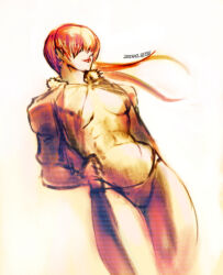 1girl bikini bra breasts earrings female_focus hand_on_own_hip heart jacket jewelry large_breasts long_hair muscular muscular_female pale_skin panties ponytail red_hair shermie_(kof) smile swimsuit the_king_of_fighters thick_thighs thighs twintails underwear wide_hips zero_setsu