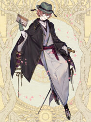 Rule 34 | 1boy, black cloak, black shoes, book, cane, cloak, cross-laced clothes, dairoku ryouhei, dress shirt, falling petals, fedora, full body, glasses, gloves, green gloves, green hat, grey kimono, hair between eyes, hand up, hat, hat tassel, holding, holding book, holding cane, invisible chair, japanese clothes, kimono, long sleeves, looking at viewer, male focus, orange hair, parted lips, partially fingerless gloves, petals, red eyes, red sash, sash, shichimi, shirt, shoes, short hair, sitting, smile, solo, white shirt, yellow background