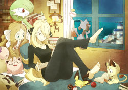 10s 2girls bad_id bad_pixiv_id barefoot bed blonde_hair book brown_eyes brown_hair caitlin_(pokemon) cherish_ball chimecho creatures_(company) cynthia_(pokemon) elite_four feet frontier_brain game_freak gardevoir gen_1_pokemon gen_2_pokemon gen_3_pokemon gen_4_pokemon gen_5_pokemon green_eyes hair_ornament hair_over_one_eye highres jigglypuff lampent long_hair luxury_ball lying md5_mismatch meowth multiple_girls munna night night_sky nintendo ocean open_book pichu poke_ball pokemon pokemon_(creature) pokemon_dppt pokemon_platinum reading riolu shigino_sohuzi sky smile window