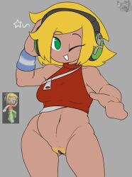 absurdres bad_tag blonde_hair chibi covered_erect_nipples dancing dj_candy ebiinari electronic_arts green_eyes headphones highres mysims no_panties no_pants one_eye_closed pale_skin pubic_hair pussy red_shirt red_vest shirt short_hair smile star_(symbol) vest wristband zipper