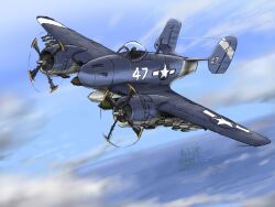 1other aircraft airplane alternate_design autocannon bomb cannon cloud explosive flying gun highres machine_gun military military_vehicle nendoyo ocean original propeller propeller_fighter rocket sky united_states_navy vehicle_focus weapon world_war_ii xf5f_skyrocket