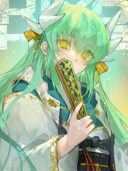 1girl blush breasts dragon_girl dragon_horns fate/grand_order fate_(series) folding_fan green_hair hand_fan highres horns japanese_clothes kimono kiyohime_(fate) long_hair long_sleeves looking_at_viewer medium_breasts obi sash solo suzuhi_(fullprayer) white_kimono wide_sleeves yellow_eyes