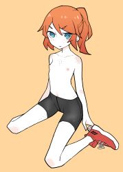 1girl absurdres akableak bike_shorts blue_eyes body_freckles charlotte_(akableak) flat_chest freckles full_body highres nipples orange_hair original ponytail red_shoes shoes simple_background sitting sneakers solo topless_female wariza