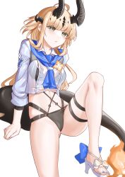 1girl ahoge arknights ascot bikini black_bikini black_horns black_tail blonde_hair blue_ascot blue_sailor_collar cameltoe commentary crop_top cropped_shirt fire flame-tipped_tail foot_out_of_frame green_eyes grey_shirt highres horns knee_up light_blush long_hair looking_ahead navel neti_(cpu11151) official_alternate_costume parted_lips reed_(arknights) reed_the_flame_shadow_(arknights) reed_the_flame_shadow_(summer_flower)_(arknights) sailor_collar sandals see-through_clothes see-through_shirt shirt simple_background sitting solo swimsuit tail white_background white_sandals