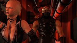 1boy 1girl blonde_hair blue_eyes breasts cleavage highres irene_lew large_breasts ninja_gaiden ryu_hayabusa