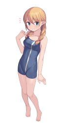 1girl aqua_eyes bare_arms bare_legs bare_shoulders barefoot blonde_hair blue_one-piece_swimsuit blush breasts collarbone commentary_request covered_navel full_body highres long_hair looking_at_viewer one-piece_swimsuit original parted_lips pointy_ears revision saiste simple_background small_breasts solo swimsuit white_background