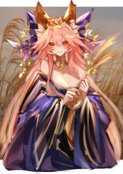 Rule 34 | 1girl, absurdres, animal ear fluff, animal ears, bare shoulders, blush, bow, breasts, cleavage, detached sleeves, fate/extra, fate (series), fox ears, fox girl, fox tail, gin (yza foxxhermit), hair bow, highres, japanese clothes, kimono, large breasts, long hair, looking at viewer, pink hair, ribbon, smile, solo, tail, tamamo (fate), tamamo no mae (fate/extra), tamamo no mae (third ascension) (fate), thighhighs, wheat, wheat field, yellow eyes