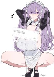 1girl ? apron arms_behind_head black_shoes black_shrug breasts collarbone collared_shrug commentary_request eurasia_(wtp09ptw14) francoise_(eurasia) frilled_headwear full_body hair_over_one_eye hair_ribbon hat highres huge_breasts long_hair long_sleeves looking_at_viewer maid_apron mob_cap naked_apron no_bra original parted_bangs parted_lips purple_eyes purple_hair request_inset ribbon shoes shrug_(clothing) simple_background solo squatting tiptoes twintails white_apron white_background white_hat white_ribbon