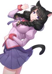 1girl absurdres animal_ears black_hair black_tail blue_skirt blush braid breasts cat_ears cat_girl cat_tail claw_pose closed_mouth cowboy_shot glasses hair_ornament hair_ribbon hairclip hanekawa_tsubasa highres juliet_sleeves large_breasts leaning_back long_hair long_sleeves looking_at_viewer monogatari_(series) naoetsu_high_school_uniform nori_tarou pink_shirt pleated_skirt puffy_sleeves purple_eyes ribbon school_uniform shirt simple_background skirt smile solo tail twin_braids white_background yellow_ribbon