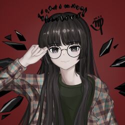 1girl adjusting_eyewear arknights bespectacled black-framed_eyewear black_eyes black_hair black_halo blunt_bangs bright_pupils brown_shirt closed_mouth commentary dark_halo dated detached_wings english_commentary glasses green_shirt halo highres light_smile long_hair long_sleeves looking_at_viewer mangoflavorpeng mole mole_under_eye plaid_clothes plaid_shirt red_background round_eyewear shirt simple_background solo t-shirt upper_body virtuosa_(arknights) white_pupils wings