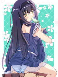 1girl akayama_yukihe anchor_print ass backlighting black_choker black_hair black_hairband black_shirt black_skirt blue_panties blush border choker clothes_lift commentary cowboy_shot floral_background food food_in_mouth from_behind green_background hair_between_eyes hair_over_shoulder hairband highres holding holding_food holding_popsicle kushima_kamome lifting_own_clothes long_hair looking_at_viewer looking_back on_suitcase outside_border panties popsicle popsicle_in_mouth shirt simple_background sitting skirt skirt_lift sleeveless sleeveless_shirt solo straight_hair summer_pockets underwear very_long_hair white_border wringing_clothes wringing_skirt yellow_eyes
