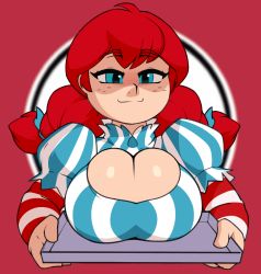 1girl animated animated_gif bouncing_breasts breast_rest breasts breasts_on_tray bursting_breasts carried_breast_rest carrying cleavage cleavage_cutout clothing_cutout creamygravy female_focus freckles huge_breasts nipples product_girl puffy_areolae puffy_nipples red_hair simple_background solo undressing wendy&#039;s wendy_(wendy&#039;s)