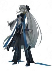 Rule 34 | 1girl, black bow, black dress, black thighhighs, blue eyes, bow, braid, dress, fate/grand order, fate (series), full body, hair between eyes, hair bow, half up braid, high heels, long sleeves, morgan le fay (fate), morgan le fay (second ascension) (fate), ponytail, simple background, solo, standing, thighhighs, urup zzz, white background, white hair, wide sleeves