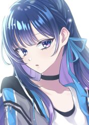 1girl black_choker blue_eyes blue_hair blue_ribbon choker collarbone commentary_request drawstring grey_jacket hair_ribbon highres idolmaster idolmaster_va-liv jacket kamizuru_cosmo kamizurucosmo long_hair looking_at_viewer multicolored_clothes multicolored_hair parted_lips purple_hair ribbon shirt solo two-tone_hair upper_body virtual_youtuber white_background white_shirt zipper_pull_tab