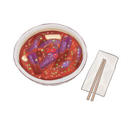 absurdres bowl chopsticks food food_focus highres meat napkin no_humans original potatomochii simple_background soup vegetable white_background