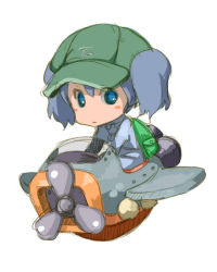 1girl aircraft airplane backpack bag blue_eyes blue_hair blush_stickers chibi female_focus hair_bobbles hair_ornament hat kawashiro_nitori key looking_at_viewer matching_hair/eyes rocket short_hair short_twintails sketch smile solo touhou twintails two_side_up uni_mate vehicle_focus white_background