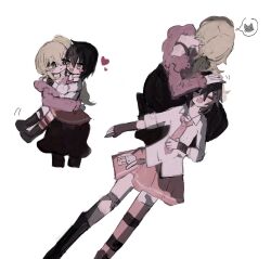 2girls a_umanee black_hair black_skirt blonde_hair closed_eyes collared_shirt comforting fingerless_gloves gloves green_eyes heart kure_kirika long_hair lying_on_person mahou_shoujo_madoka_magica mahou_shoujo_oriko_magica medium_hair mikuni_oriko multiple_girls pink_skirt shirt short_hair side_ponytail skirt white_background white_shirt yuri