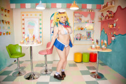 Rule 34 | 1girl, asian, blonde hair, breasts, chouzuki maryou, cosplay, female focus, food, highres, ice cream, lipstick, makeup, nitroplus, photo (medium), plump, solo, super pochaco, super pochaco (cosplay), thick thighs, thighs