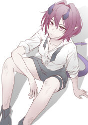 Rule 34 | 1girl, ankle boots, arknights, ascalon (arknights), black boots, boots, bruise, closed mouth, collarbone, commentary request, feet out of frame, from above, hair between eyes, highres, horns, injury, looking at viewer, partial commentary, pink eyes, pink hair, pointy ears, purple horns, purple tail, shadow, shirt, short hair, shumizoku, simple background, sitting, sleeves rolled up, solo, tail, thigh strap, white background, white shirt