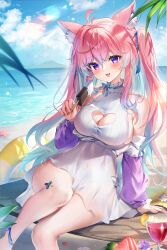 1girl ahoge alcohol animal_ears bad_source bare_legs bare_shoulders beach blue_bow blue_bowtie blue_ribbon blush bow bowtie breasts cleavage cleavage_cutout clothing_cutout cloud cloudy_sky colored_inner_hair cup day detached_sleeves dress drinking_glass food fox_ears fox_girl gradient_hair guzangnanfeng hair_between_eyes hair_ribbon heart_cutout highres holding holding_food holding_ice_cream ice_cream indie_virtual_youtuber large_breasts long_bangs long_hair long_sleeves looking_at_viewer multicolored_hair ocean official_art open_mouth outdoors pink_hair purple_eyes red_wine ribbon see-through_clothes see-through_skirt shadow sidelocks sitting skirt sky sleeveless sleeveless_dress sleeves_past_wrists smile solo teletha_(vtuber) thighs twintails virtual_youtuber white_dress wine wine_glass