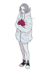 2boys ahoge aotsuki_eito black_shoes drawstring full_body glasses grey_hair grey_outline haru_ruta highres holding hood hooded_jacket jacket male_focus multicolored_hair multiple_boys outline pants red_hair red_pupils shoes simple_background standing streaked_hair sumino_takumi the_hundred_line_-last_defense_academy- twitter_username white_background white_jacket white_pants