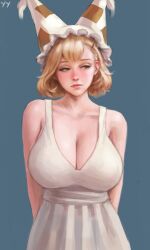 Rule 34 | 1girl, absurdres, animal ears, animal hat, blonde hair, blush, breasts, cleavage, dress, fox ears, hair ornament, hairclip, hat, highres, huge breasts, looking to the side, mob cap, short hair, solo, touhou, white dress, yakumo ran, yellow eyes, yyf (seaknight)