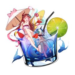 2girls ball beach_umbrella beachball bikini blue_eyes blue_hair cup drinking_glass drinking_straw food fruit holding holding_food holding_ice_cream holding_popsicle honkai_(series) honkai_impact_3rd horns ice ice_cream ice_cube lemon lemon_slice liliya_olenyeva long_hair looking_at_viewer miniature minimized multiple_girls one_eye_closed open_mouth partially_submerged pink_hair popsicle rozaliya_olenyeva single_horn smile spilling surfboard swimsuit tail transparent_background umbrella water watermelon watermelon_slice