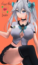 1girl absurdres blue_eyes bow bowtie breasts choker closed_mouth demon_girl demon_horns grey_hair hair_bow highres horns large_breasts long_hair miniskirt mishbad non-web_source sailor_collar shirt short_sleeves skirt solo thighhighs thighs vei_(vtuber) virtual_youtuber