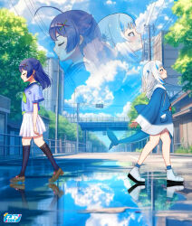 :3 absurdres artist_logo artist_name black_socks blue_hair blue_hoodie blue_sailor_collar blue_sky blunt_bangs blush bridge brown_shoes city closed_eyes commentary_request drawstring fins fish_tail from_side gawr_gura green_neckerchief hair_ornament highres hololive hololive_english hood hood_down hoodie indie_virtual_youtuber loafers logo long_sleeves neckerchief outdoors pedestrian_bridge profile puddle reflection road sailor_collar senzawa shark_hair_ornament shark_tail shoes skirt sky socks tail tree two_side_up virtual_youtuber voice_actor_connection white_hair white_shoes white_skirt wide_sleeves x_hair_ornament zendrawr zoom_layer