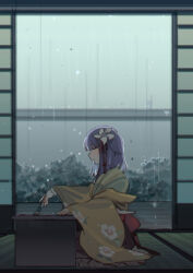 Rule 34 | 1girl, absurdres, calligraphy, calligraphy brush, closed eyes, closed mouth, desk, flower hairpin, from side, hieda no akyuu, highres, japanese clothes, medium hair, paintbrush, purple hair, rain, red skirt, shi chimi, shirt, skirt, solo, touhou, water drop, yellow shirt