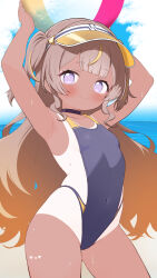 Rule 34 | 1girl, absurdres, alternate costume, anya melfissa, armpit focus, armpits, arms up, ball, beachball, blonde hair, blue choker, blue one-piece swimsuit, blush, breasts, brown hair, center-flap bangs, choker, closed mouth, cloud, cloudy sky, commentary, covered navel, cowboy shot, dark-skinned female, dark skin, day, double-parted bangs, highleg, highleg one-piece swimsuit, highres, holding, holding ball, holding beachball, hololive, hololive indonesia, kani bonara, long hair, looking at viewer, multicolored hair, no pupils, ocean, one-piece swimsuit, one-piece tan, outdoors, presenting armpit, purple eyes, short eyebrows, sky, small breasts, smile, solo, standing, streaked hair, sweat, swimsuit, symbol-only commentary, tan, tanline, two side up, very long hair, virtual youtuber, visor cap, water drop, wet