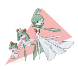 Rule 34 | ariumu, artist name, bob cut, bowl cut, colored skin, dress, evolutionary line, gardevoir, gen 3 pokemon, green hair, green skin, hair over one eye, horns, kirlia, multicolored skin, nintendo, pink eyes, pokemon, pokemon (creature), ralts, sidelocks, signature, smile, two-tone skin, white dress, white skin